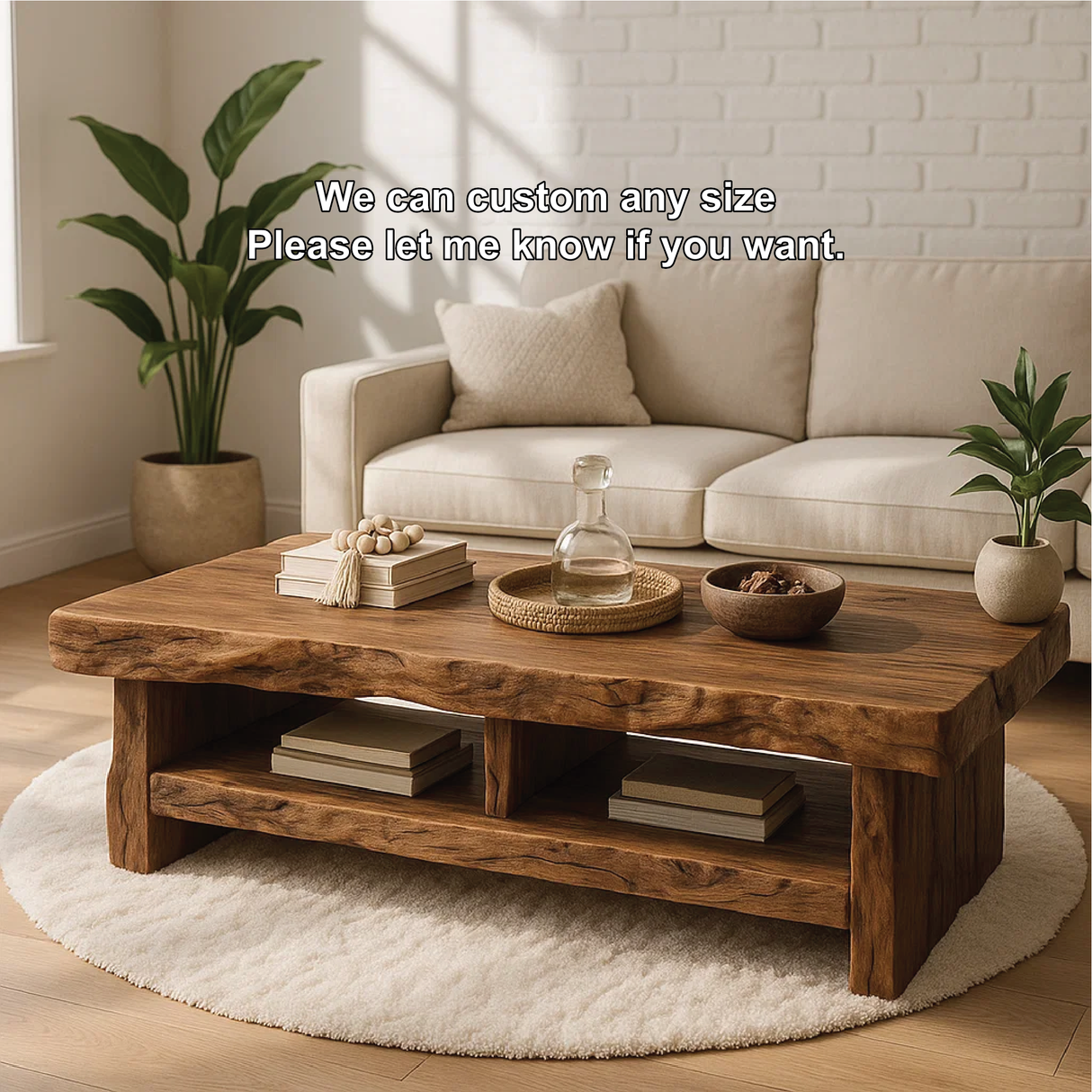 Handcrafted Solid Wood Coffee Table with Live Edge Design and Double Shelf for Storage