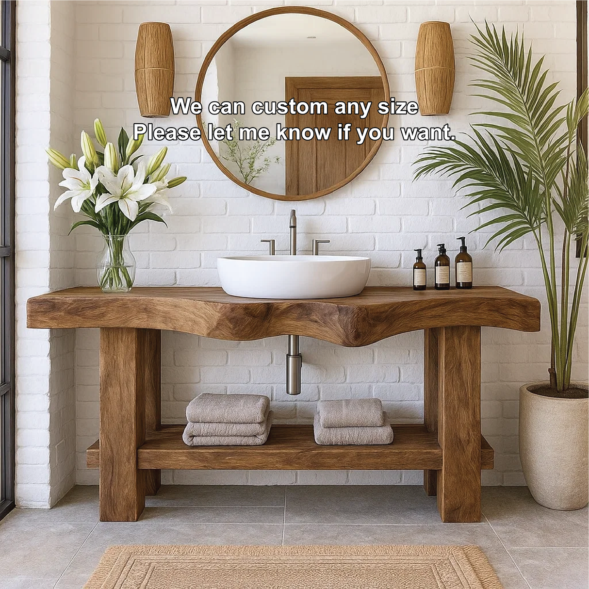 Handcrafted Solid Wood Bathroom Vanity with Organic Curved Edge and Open Shelf for Modern Homes