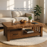 Handcrafted Solid Wood Coffee Table with Storage Drawer and Natural Live Edge Rustic Design