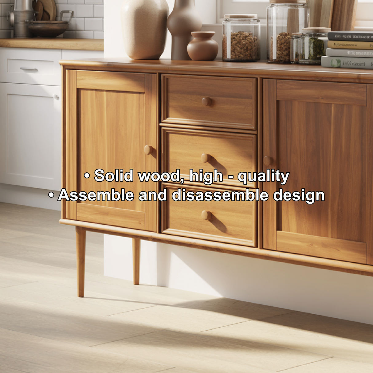 Handcrafted Solid Wood Dining Storage Sideboard with Raised Leg Design and Smooth Drawer Fronts