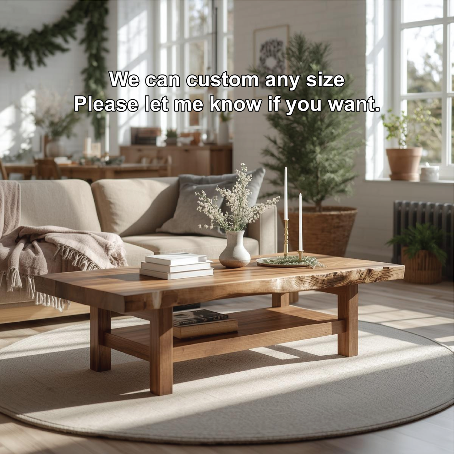 Handcrafted Solid Wood Coffee Table with Live Edge Design and Lower Shelf for Modern Homes