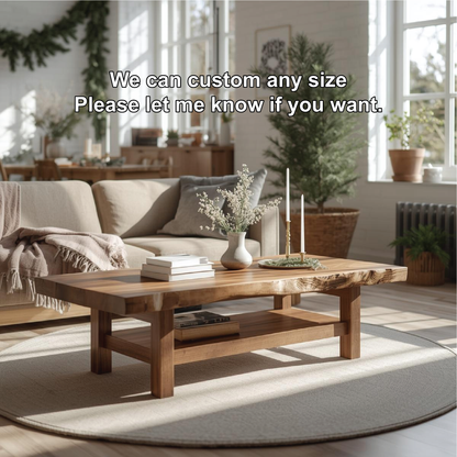 Handcrafted Solid Wood Coffee Table with Live Edge Design and Lower Shelf for Modern Homes