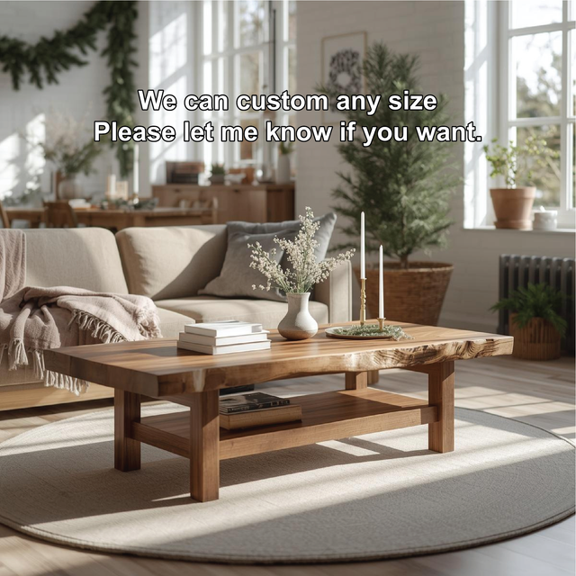 Handcrafted Solid Wood Coffee Table with Live Edge Design and Lower Shelf for Modern Homes