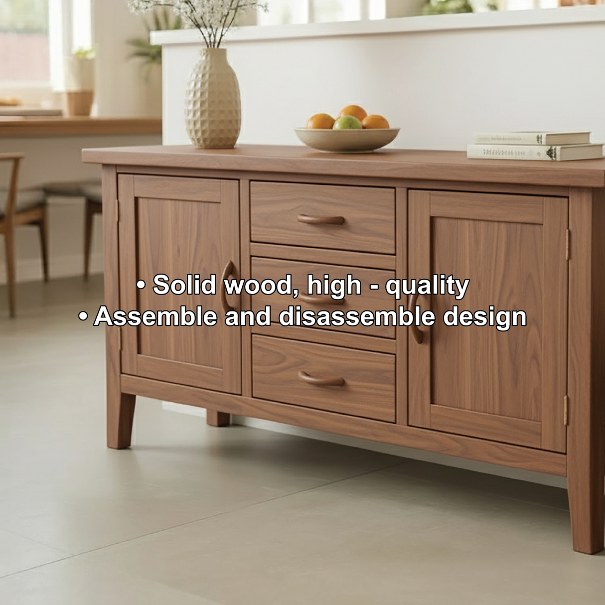 Handcrafted Solid Wood Dining Storage Cabinet with Center Drawers and Side Doors for Modern Homes