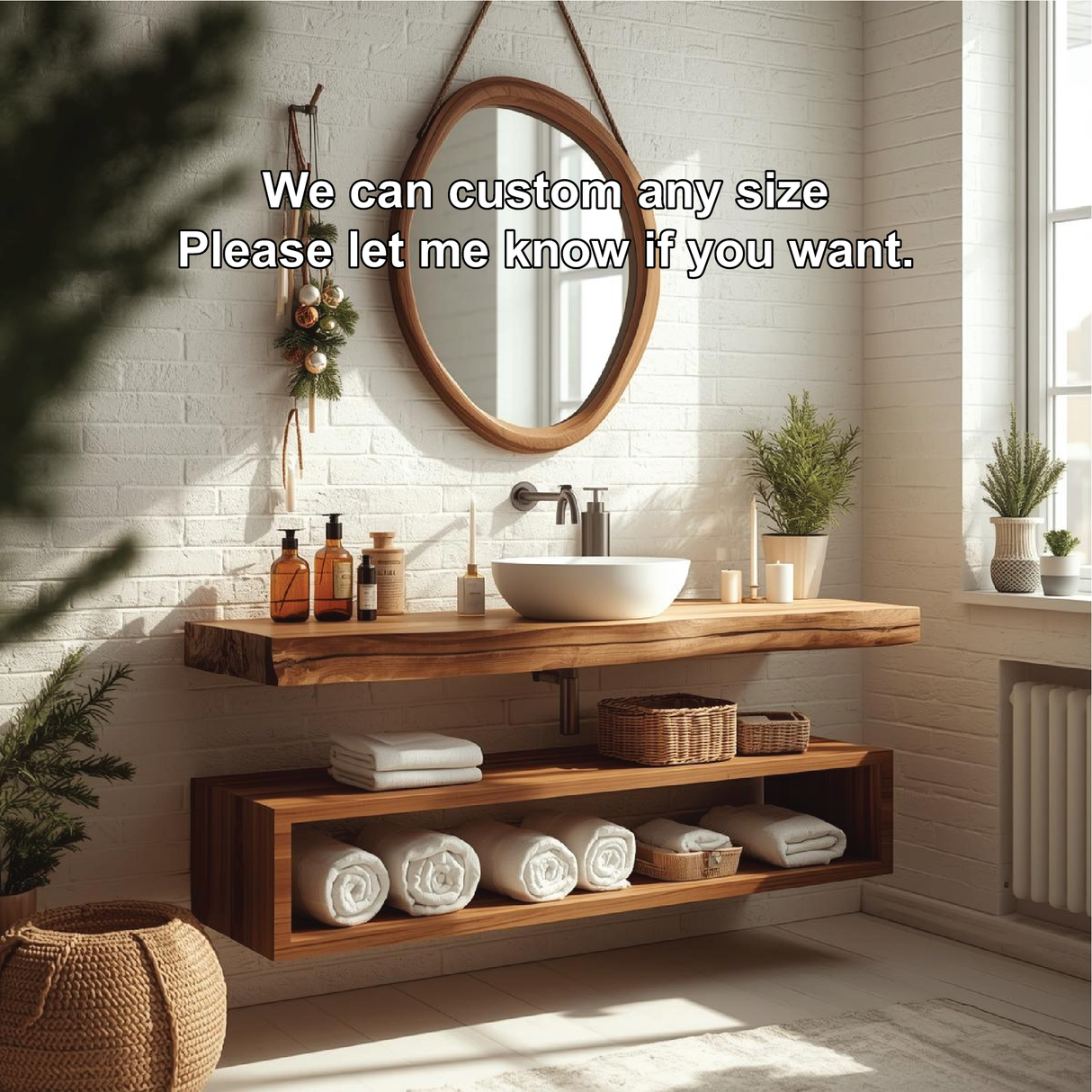 Handcrafted Solid Wood Floating Bathroom Vanity with Live Edge Countertop and Open Storage Shelf
