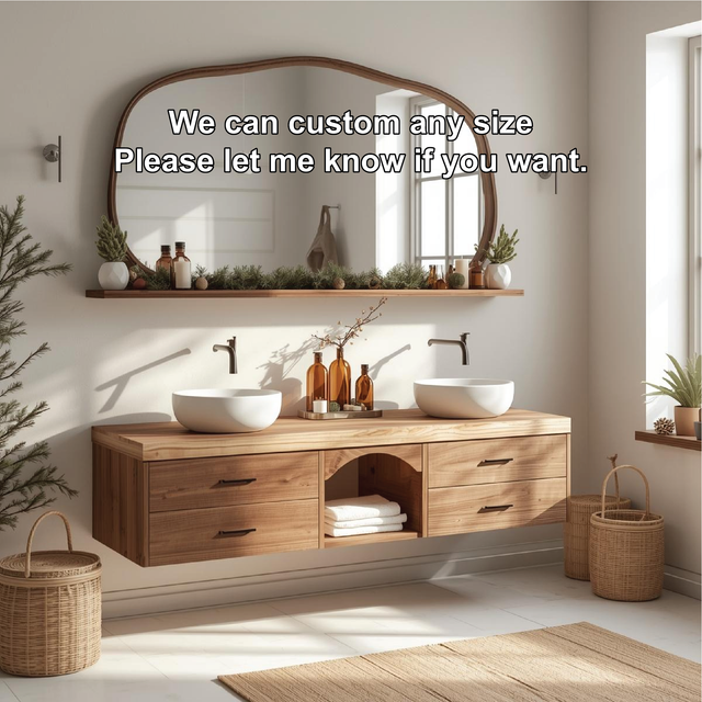 Handcrafted Solid Wood Floating Double Sink Vanity with Drawers and Natural Finish for Bathroom