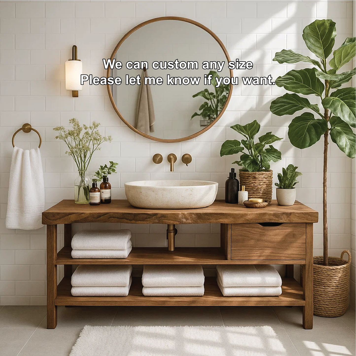 Handcrafted Solid Wood Bathroom Vanity with Open Shelf Storage and Natural Rustic Finish