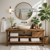 Handcrafted Solid Wood Bathroom Vanity with Open Shelf Storage and Natural Rustic Finish
