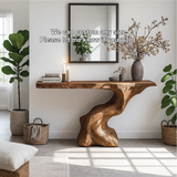 Handcrafted Solid Wood Console Table with Organic Sculpted Base and Natural Live Edge Design