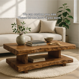 Handcrafted Solid Wood Coffee Table with Double Live Edge Shelves and Natural Rustic Finish
