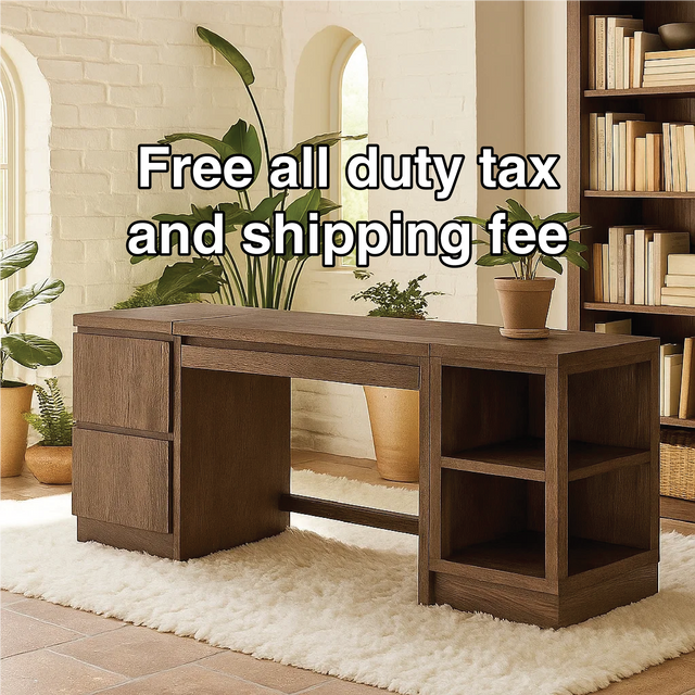 Handcrafted Solid Wood Work Desk – Modern Office Table with Storage Drawers and Open Shelves