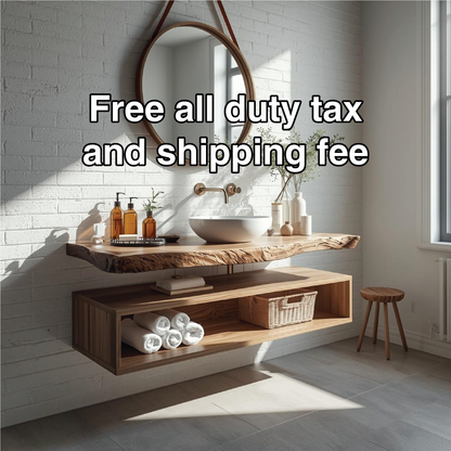 Handcrafted Solid Wood Floating Vanity with Natural Live Edge Top and Modern Minimalist Style