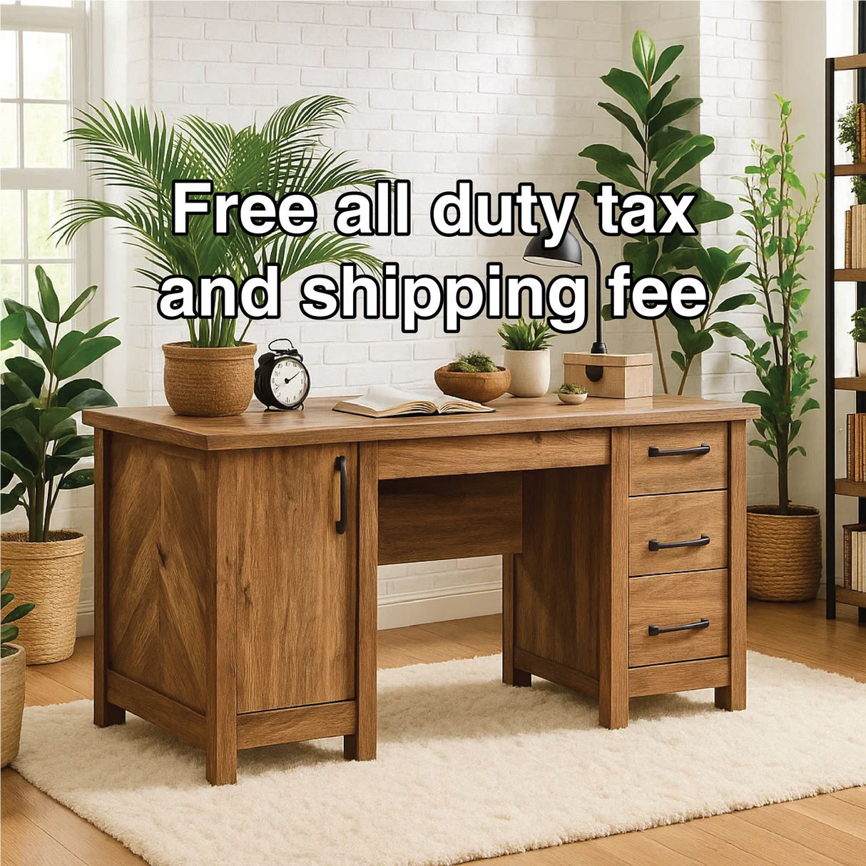 Handcrafted Solid Wood Office Desk – Rustic Work Table with Drawers and Natural Walnut Finish