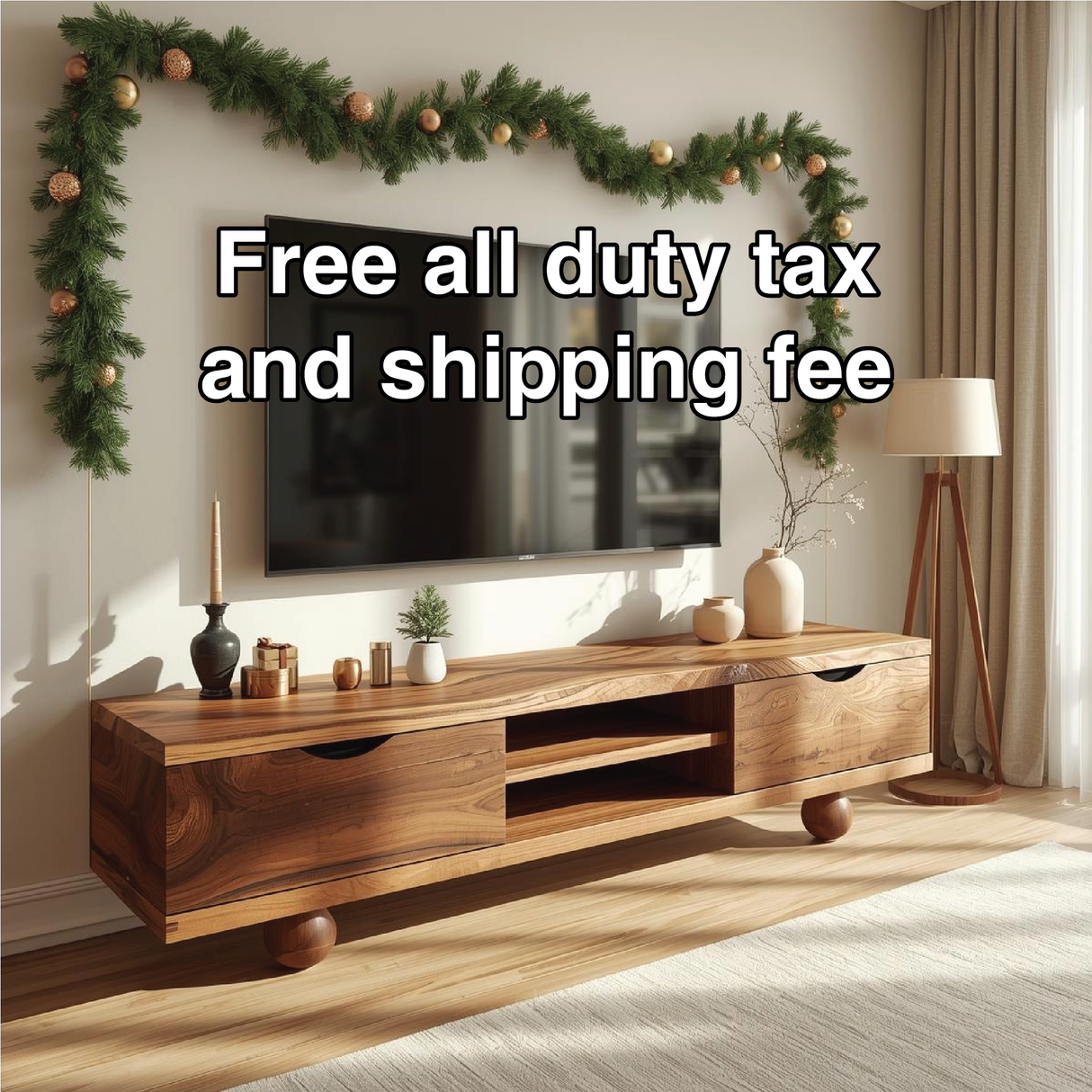 Handcrafted Solid Wood TV Stand with Natural Live Edge Design and Modern Rounded Base Legs