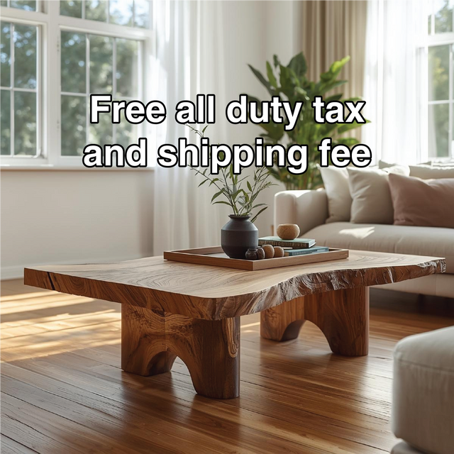 Handcrafted Solid Wood Coffee Table with Live Edge Top and Sculpted Block Legs Design