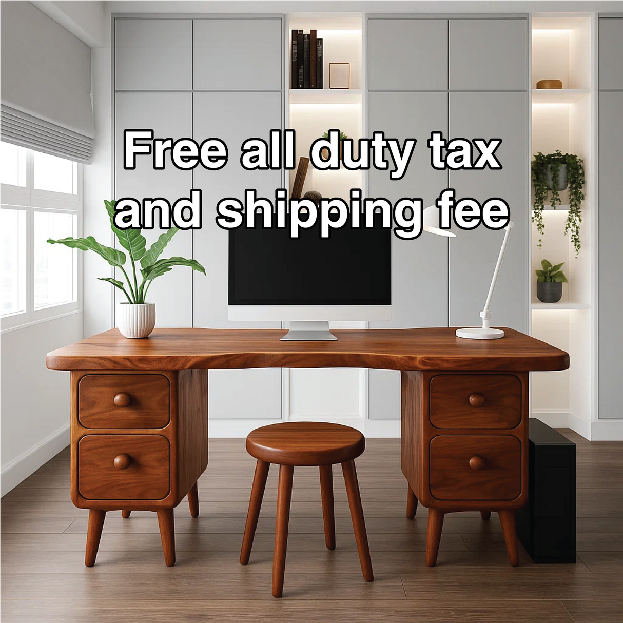 Handcrafted Solid Wood Office Desk – Mid-Century Modern Work Table with Curved Live Edge Design