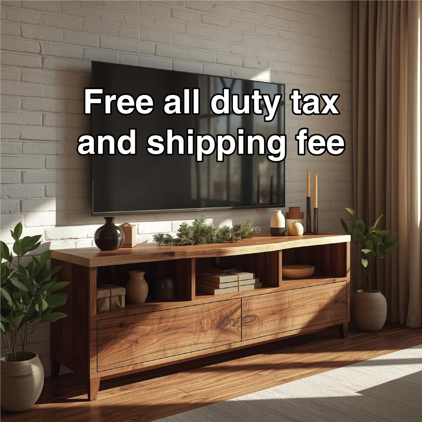 Handcrafted Solid Wood TV Stand with Natural Live Edge and Modern Open Storage Design