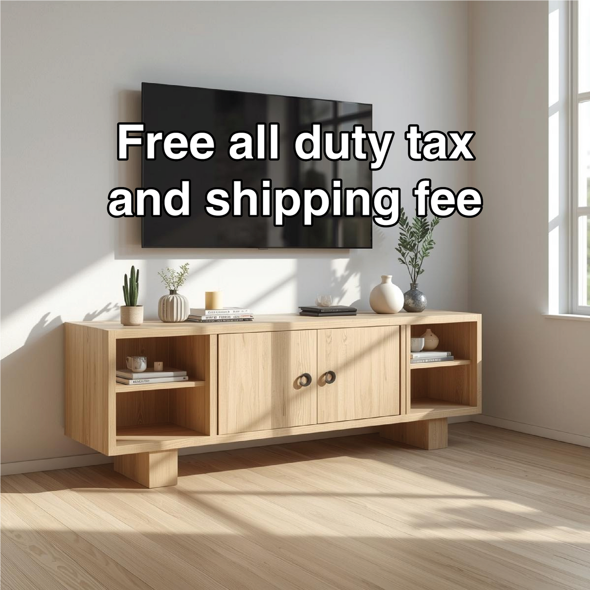 Handcrafted Solid Wood TV Stand with Double Doors and Open Shelves in Natural Oak Finish