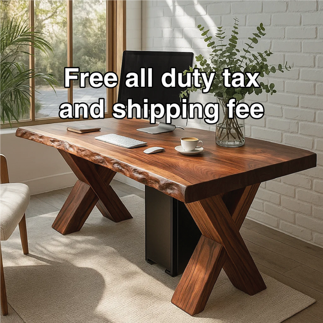 Handcrafted Solid Wood Work Desk – Live Edge Office Table with X-Leg Base and Natural Finish