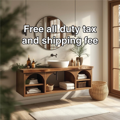 Handcrafted Solid Wood Floating Vanity with Arched Shelves and Natural Live Edge Design