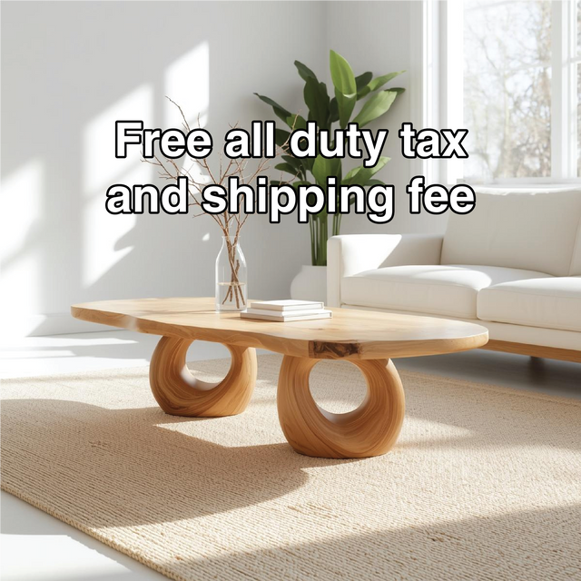 Handcrafted Solid Wood Coffee Table with Artistic Circular Base and Natural Smooth Finish