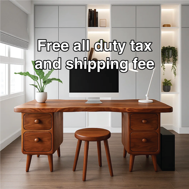 Handcrafted Solid Wood Office Desk – Mid-Century Modern Work Table with Curved Live Edge Design