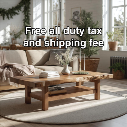 Handcrafted Solid Wood Coffee Table with Live Edge Design and Lower Shelf for Modern Homes