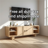 Handcrafted Solid Wood TV Stand with Double Doors and Open Shelves in Natural Oak Finish