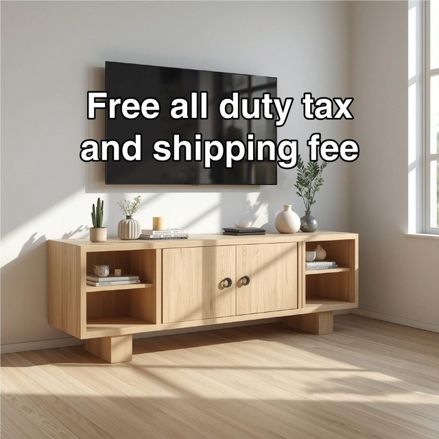 Handcrafted Solid Wood TV Stand with Double Doors and Open Shelves in Natural Oak Finish