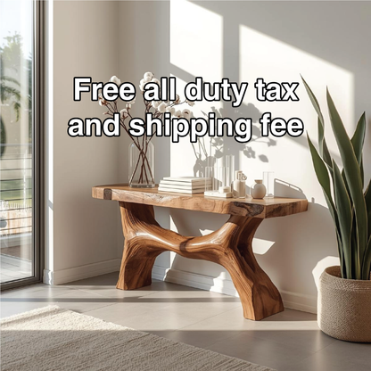 Handcrafted Solid Wood Console Table with Sculptural Base and Natural Live Edge Design