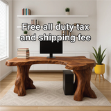Handcrafted Solid Wood Executive Desk – Live Edge Office Table with Natural Tree Trunk Base Design