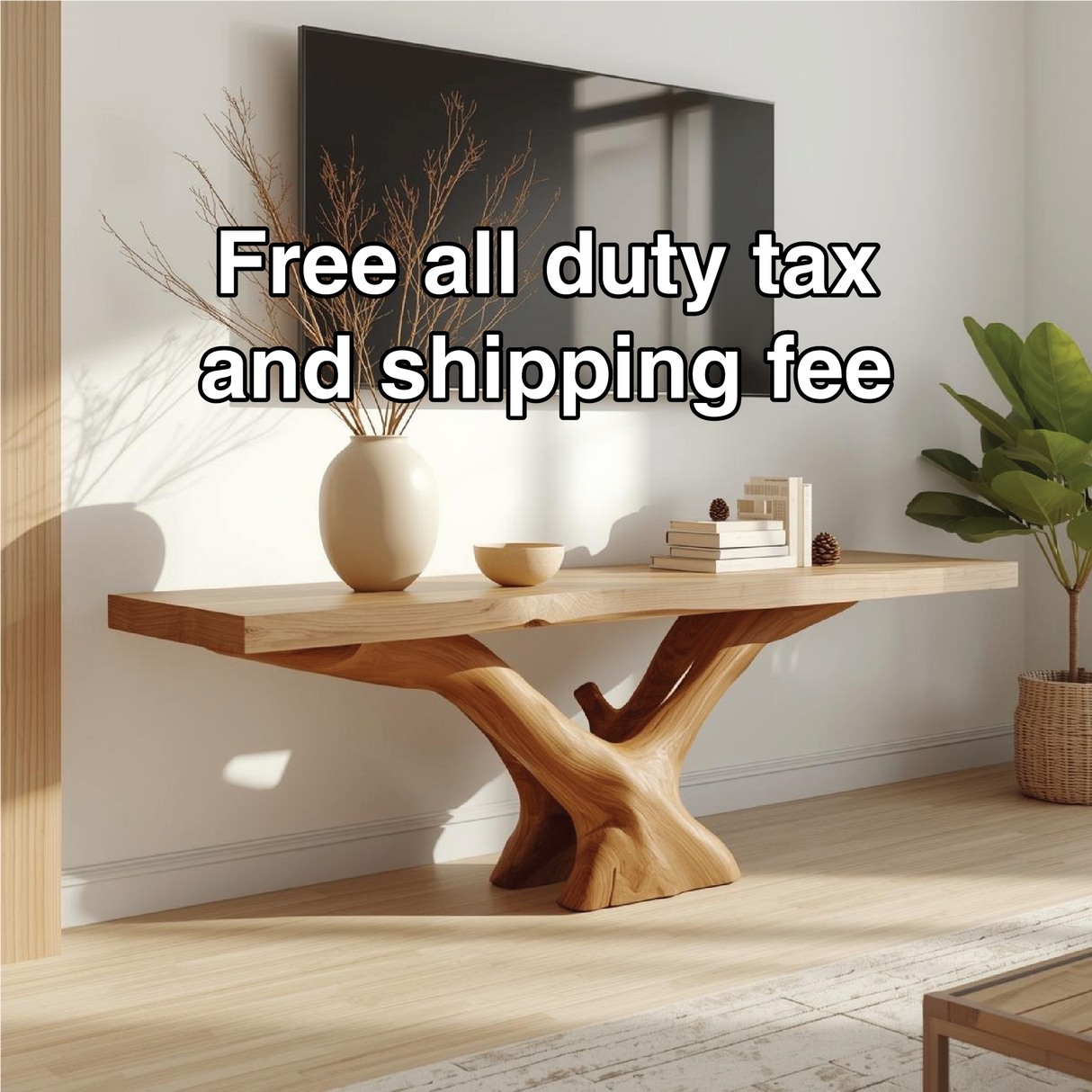 Handcrafted Solid Wood TV Stand with Natural Live Edge and Artistic Root-Inspired Base