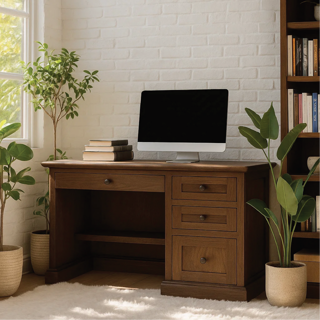 Handcrafted Solid Wood Work Desk – Classic Walnut Office Table with Drawers and Timeless Design