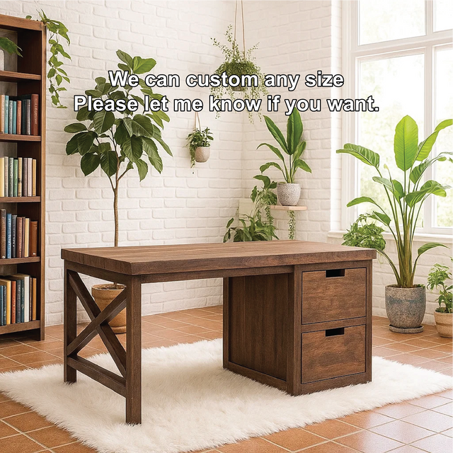 Handcrafted Solid Wood Work Desk – Rustic Office Table with Storage Drawers and Natural Finish