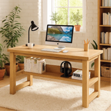 Handcrafted Solid Wood Work Desk – Minimalist Natural Oak Office Table with Open Storage Shelf