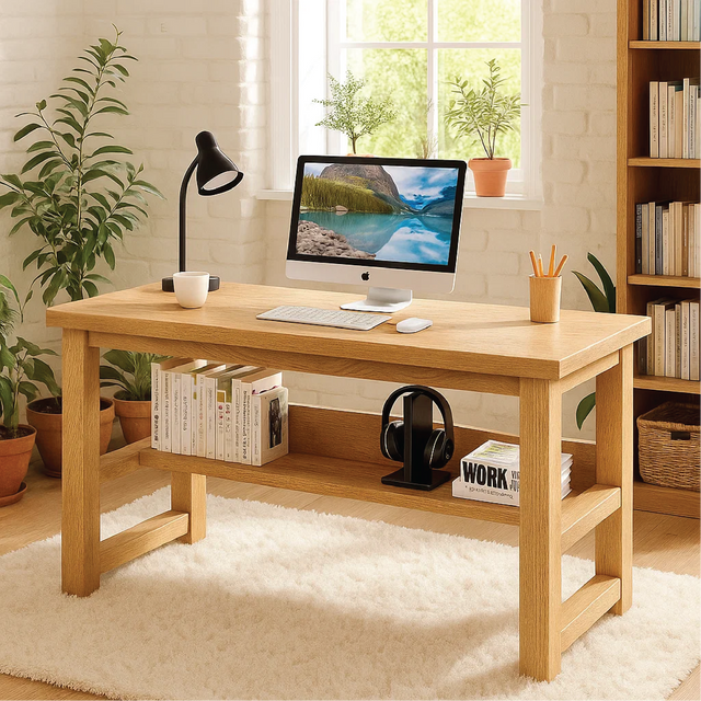 Handcrafted Solid Wood Work Desk – Minimalist Natural Oak Office Table with Open Storage Shelf