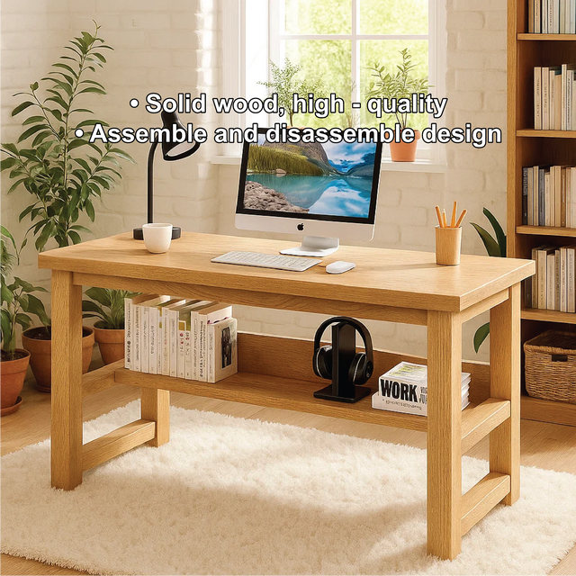 Handcrafted Solid Wood Work Desk – Minimalist Natural Oak Office Table with Open Storage Shelf