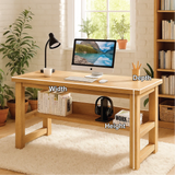 Handcrafted Solid Wood Work Desk – Minimalist Natural Oak Office Table with Open Storage Shelf