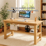 Handcrafted Solid Wood Work Desk – Minimalist Natural Oak Office Table with Open Storage Shelf