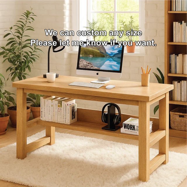 Handcrafted Solid Wood Work Desk – Minimalist Natural Oak Office Table with Open Storage Shelf