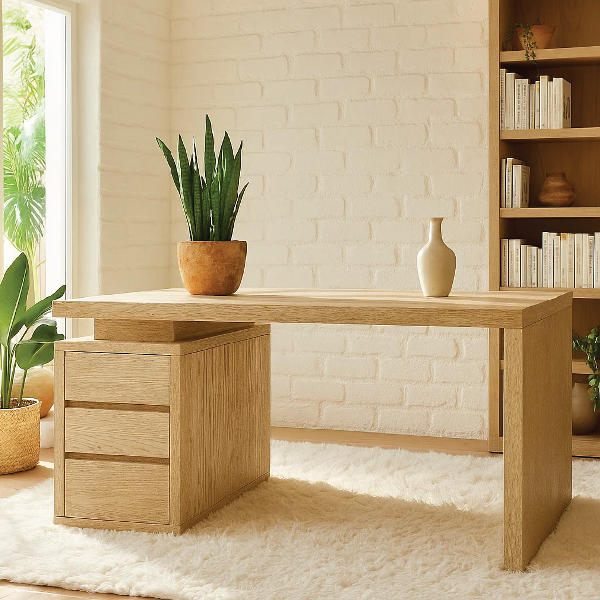 Handcrafted Solid Wood Work Desk – Minimalist Natural Wood Office Table with Three Drawers