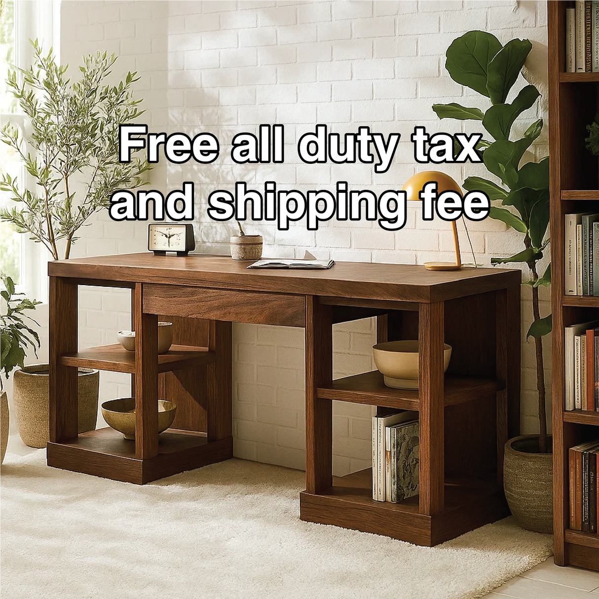 Handcrafted Solid Wood Work Desk – Modern Walnut Office Table with Open Storage Shelves