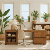 Handcrafted Solid Wood L-Shaped Work Desk – Modern Home Office Table with Storage Shelves