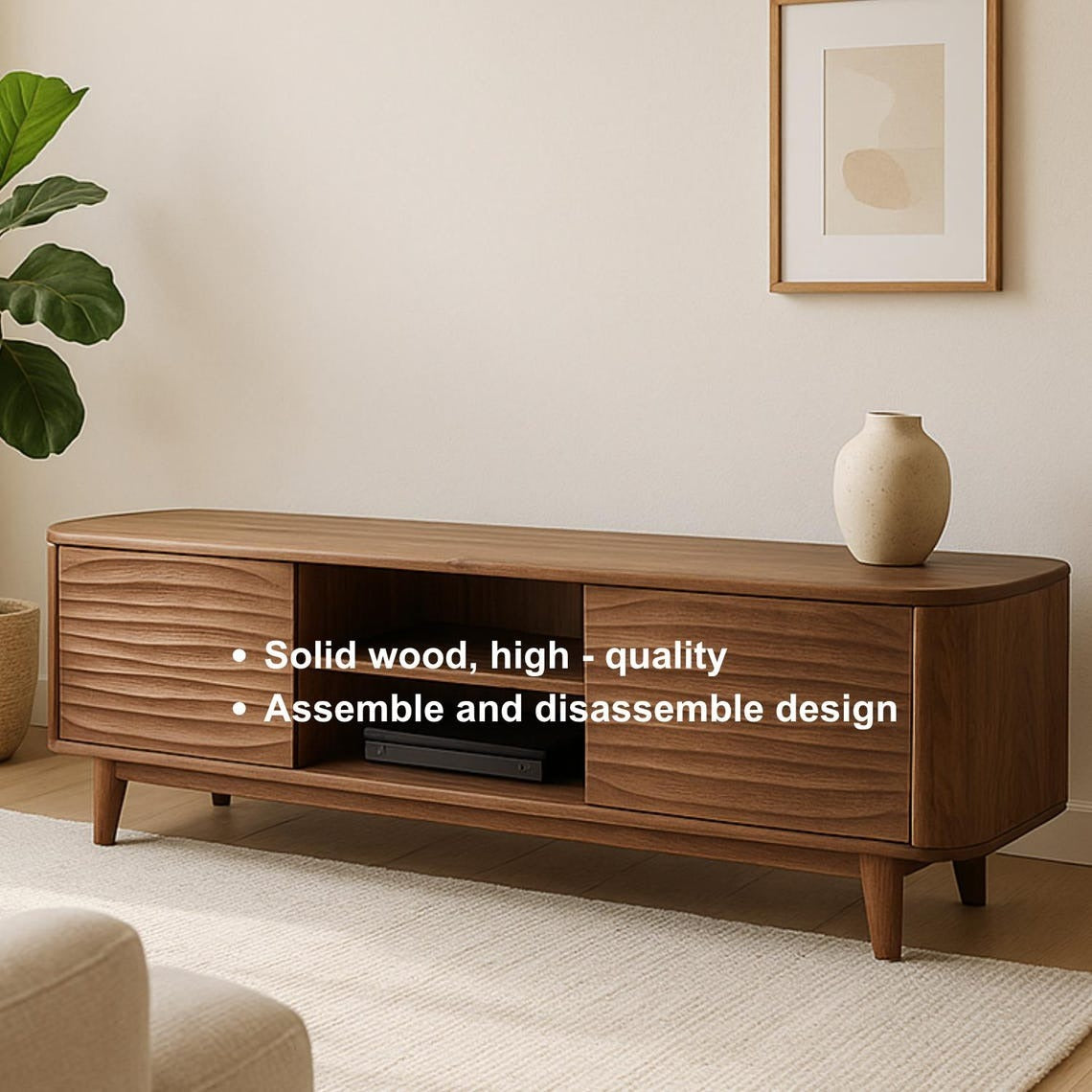 Soft Edge Sculptural Solid Wood TV Stand – Organic Modern Media Console with Wave Carved Doors, Rounded Corners, Minimalist Furniture