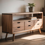 Handcrafted Solid Wood Sideboard – Mid-Century Console Table with Drawers and Open Shelf