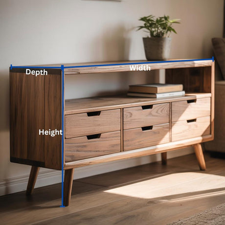 Handcrafted Solid Wood Sideboard – Mid-Century Console Table with Drawers and Open Shelf