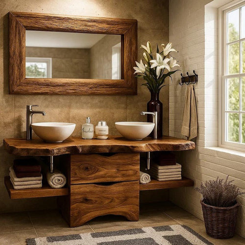 Handcrafted Solid Wood Bathroom Vanity – Rustic Walnut Double Sink Vanity with Live Edge Top and Drawers