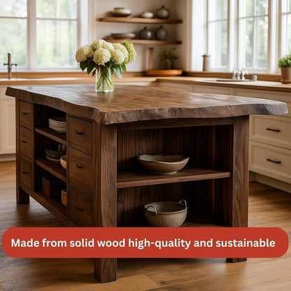 Rustic Solid Wood Kitchen Island – Handmade Farmhouse Prep Table with Open Shelves, Natural Wooden Storage Counter for Kitchen Décor