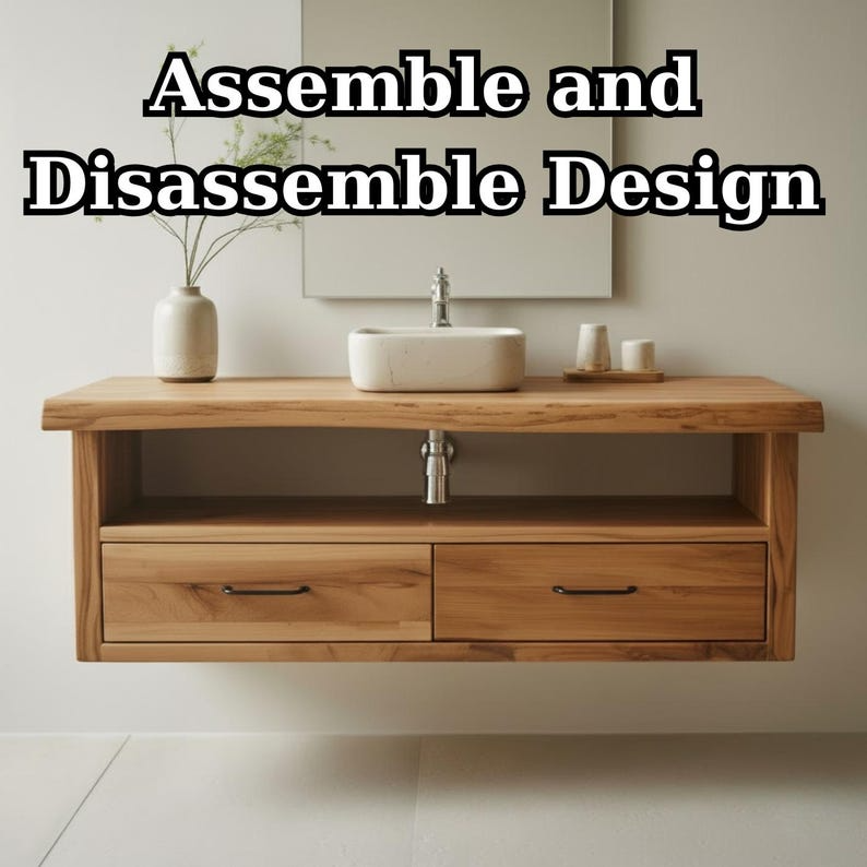 Handcrafted Solid Wood Floating Vanity, Organic Live Edge Two-Tier Console