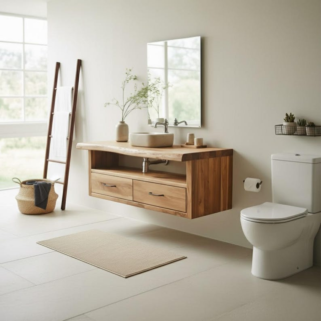 Handcrafted Solid Wood Floating Vanity, Organic Live Edge Two-Tier Console